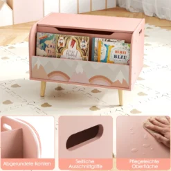 Kinder Holzspielzeugkiste mit Frontbücherregal & Klappdeckel Spielzeugtruhe Spielzeugorganizer Pink