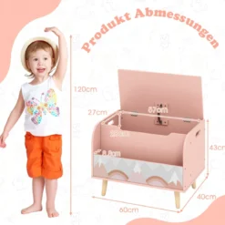 Kinder Holzspielzeugkiste mit Frontbücherregal & Klappdeckel Spielzeugtruhe Spielzeugorganizer Pink