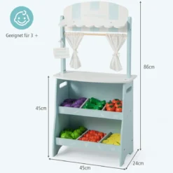 Kinder Kaufladen aus Holz mit Sonnendach & Ablagefächer & Werbeschild & Gemüse Blau