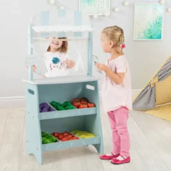 Kinder Kaufladen aus Holz mit Sonnendach & Ablagefächer & Werbeschild & Gemüse Blau