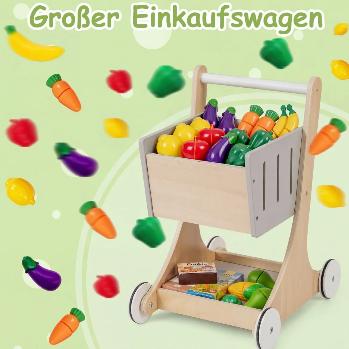 Kinder Kaufladen kaufmannsladen holz mit Einkaufswagen Verkaufsautomat Spielzeug Kasse Ladentheke Natur