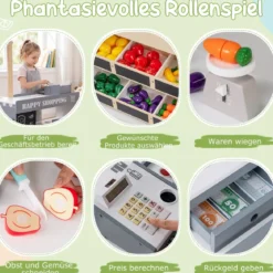 Kinder Kaufladen kaufmannsladen holz mit Einkaufswagen Verkaufsautomat Spielzeug Kasse Ladentheke Natur