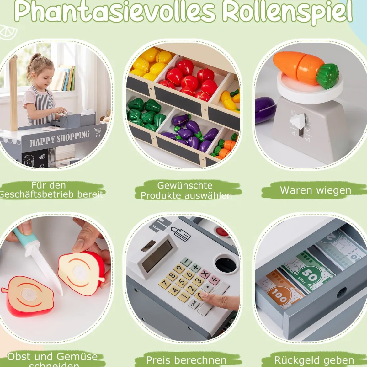Kinder Kaufladen kaufmannsladen holz mit Einkaufswagen Verkaufsautomat Spielzeug Kasse Ladentheke Natur