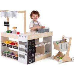 Kinder Kaufladen kaufmannsladen holz mit Einkaufswagen Verkaufsautomat Spielzeug Kasse Ladentheke Natur