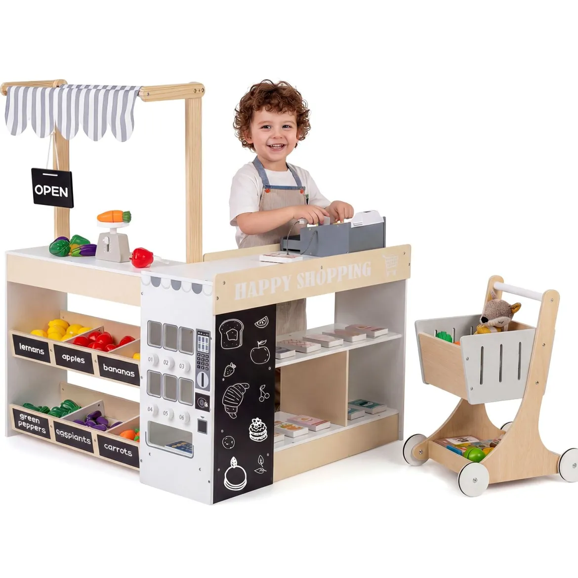 Kinder Kaufladen kaufmannsladen holz mit Einkaufswagen Verkaufsautomat Spielzeug Kasse Ladentheke Natur