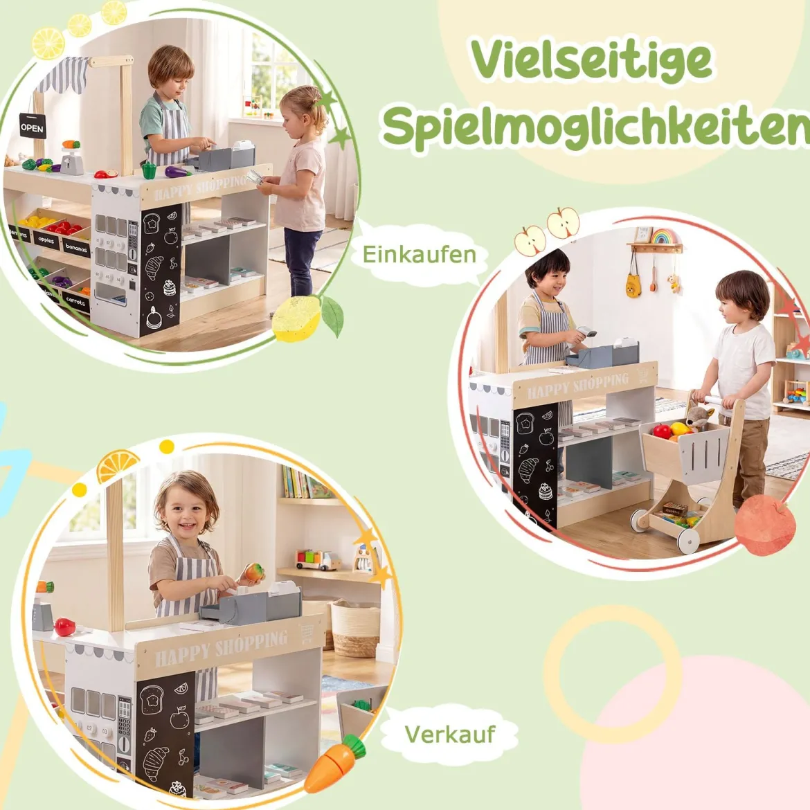 Kinder Kaufladen kaufmannsladen holz mit Einkaufswagen Verkaufsautomat Spielzeug Kasse Ladentheke Natur