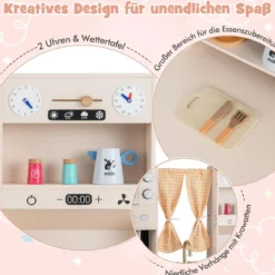 Kinderküche mit Kochzubehör Spielküche aus Holz mit Mikrowelle 102 x 35 x 110 cm