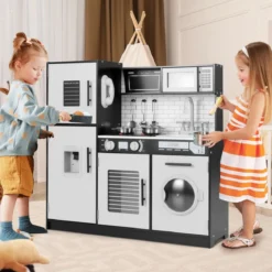 Kinderküche mit Zubehör Spielküchen-Spielzeugset mit Ofen & Waschmaschine Schwarz