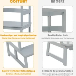 Kinder Küchenhocker Küchenhocker mit Geländer 2 Stufen Lernturm Kinder Tritthocker aus Bambus Grau