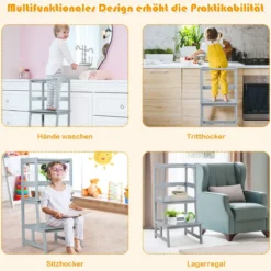 Kinder Küchenhocker Küchenhocker mit Geländer 2 Stufen Lernturm Kinder Tritthocker aus Bambus Grau
