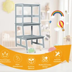 Kinder Küchenhocker Küchenhocker mit Geländer 2 Stufen Lernturm Kinder Tritthocker aus Bambus Grau