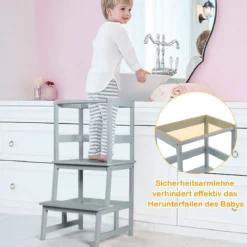 Kinder Küchenhocker Küchenhocker mit Geländer 2 Stufen Lernturm Kinder Tritthocker aus Bambus Grau