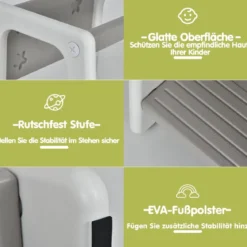 Kinder-Küchenhocker mit Doppelten Sicherheitshandläufen & 3 Verstellbaren Höhen & Rutschfesten Füßen Grau