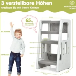 Kinder-Küchenhocker mit Doppelten Sicherheitshandläufen & 3 Verstellbaren Höhen & Rutschfesten Füßen Grau