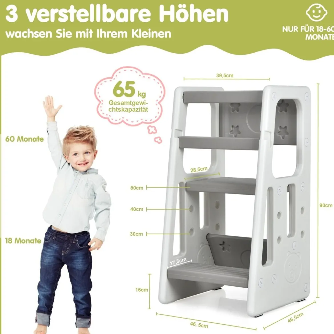 Kinder-Küchenhocker mit Doppelten Sicherheitshandläufen & 3 Verstellbaren Höhen & Rutschfesten Füßen Grau