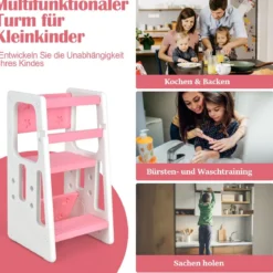 Kinder-Küchenhocker mit Doppelten Sicherheitshandläufen & 3 Verstellbaren Höhen & Rutschfesten Füßen Rosa