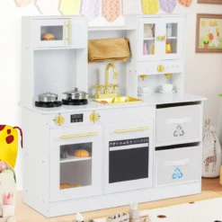 Kinderküche Spielset Holzspielküche mit Herd Sound & Licht Kaffeemaschine Wasserhahn & Kochgeschirr Weiß/Natur