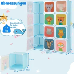 Kinder Kleiderschrank aus Kunststoff mit 12 Würfeln Kinderregal mit Türen & 2 Aufhänger