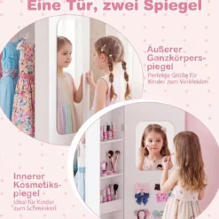 Kinder Kleiderschrank Kindergarderobe mit 2 Bruchsicheren Acrylspiegeln Offener Kleiderstange & Regalen Rosa