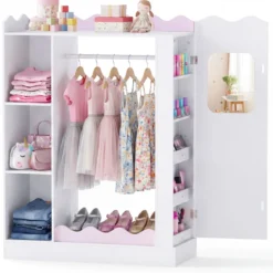 Kinder Kleiderschrank Kindergarderobe mit 2 Bruchsicheren Acrylspiegeln Offener Kleiderstange & Regalen Rosa