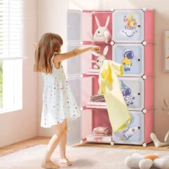 Kinder Kleiderschrank Kunststoff Regalsystem mit 8 Würfeln Kinderregal mit Türen Rosa