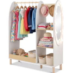 Kinder Kleiderschrank mit Beleuchtung & Spiegel & Kleiderstange & Regalen & Haken Kindergarderobe Weiß