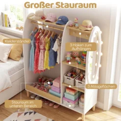 Kinder Kleiderschrank mit Beleuchtung & Spiegel & Kleiderstange & Regalen & Haken Kindergarderobe Weiß