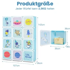 Kinder Kleiderschrank mit 2 Hängeabschnitten & 12 Würfeln Niedliche Cartoon-Kommode Blau