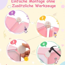 Kinder Kleiderschrank mit 2 Hängeabschnitten & 12 Würfeln Niedliche Cartoon-Kommode Rosa