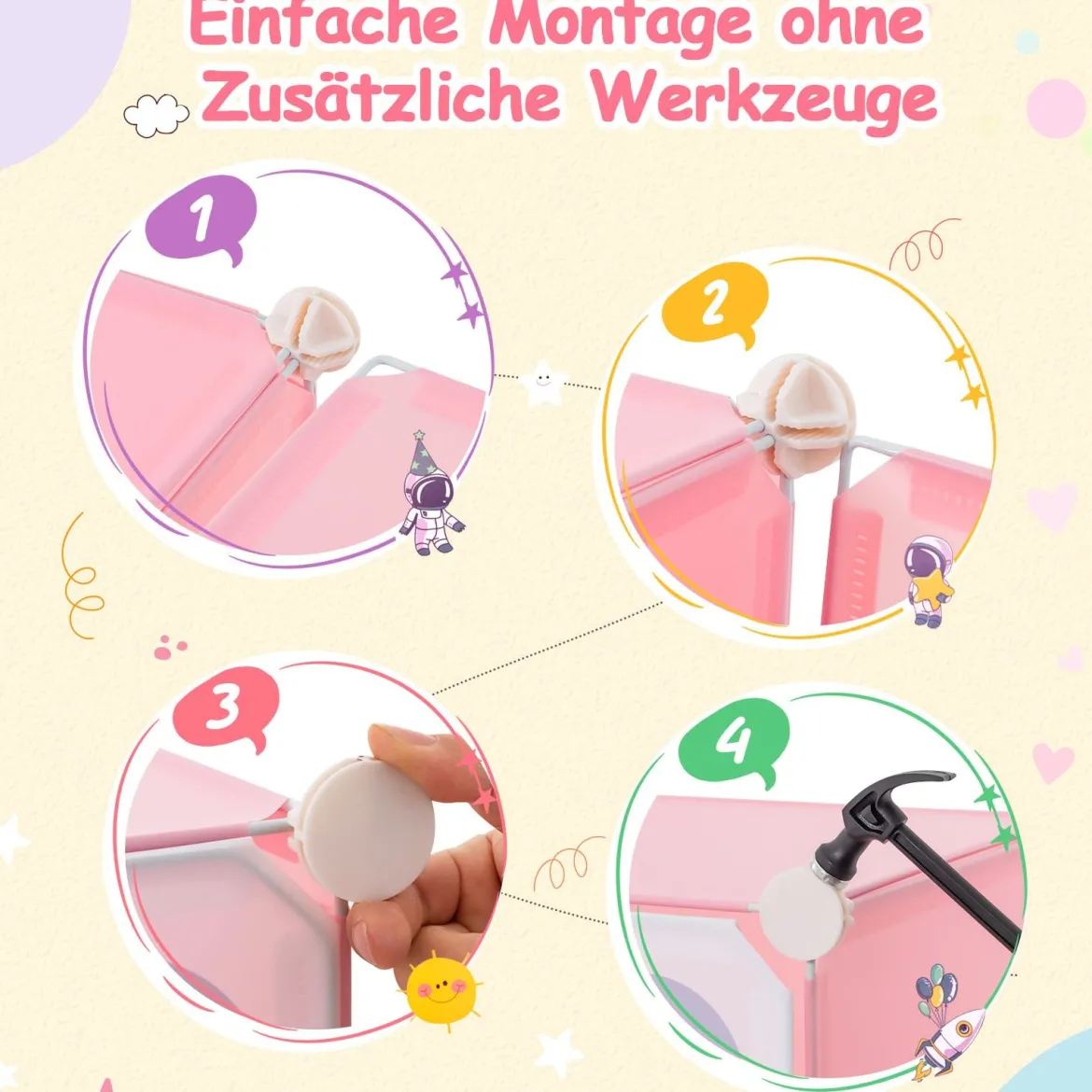 Kinder Kleiderschrank mit 2 Hängeabschnitten & 12 Würfeln Niedliche Cartoon-Kommode Rosa