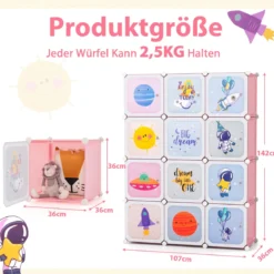 Kinder Kleiderschrank mit 2 Hängeabschnitten & 12 Würfeln Niedliche Cartoon-Kommode Rosa