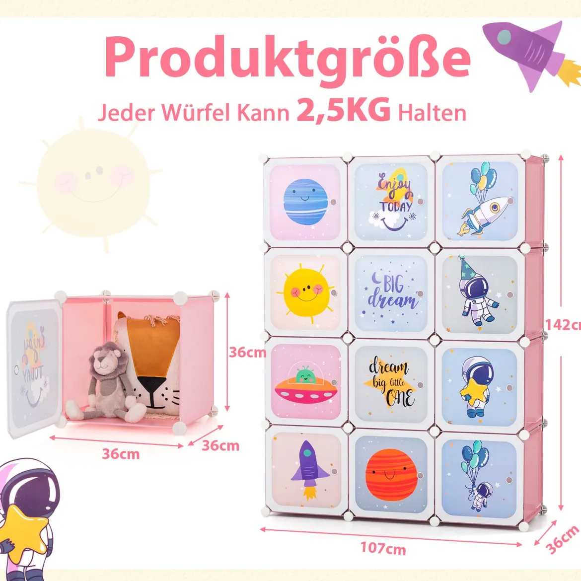 Kinder Kleiderschrank mit 2 Hängeabschnitten & 12 Würfeln Niedliche Cartoon-Kommode Rosa