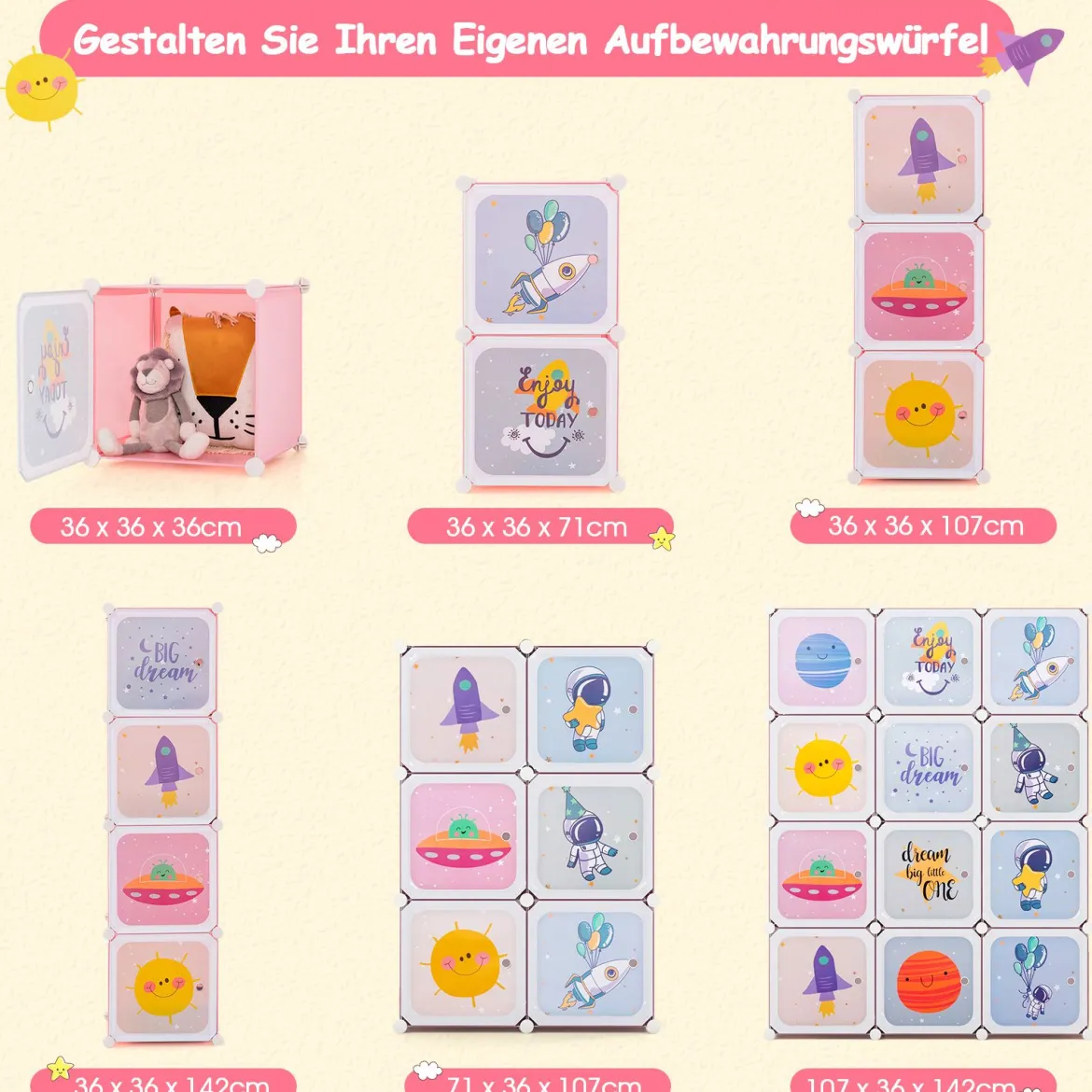Kinder Kleiderschrank mit 2 Hängeabschnitten & 12 Würfeln Niedliche Cartoon-Kommode Rosa