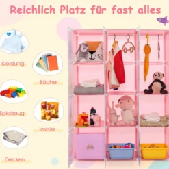 Kinder Kleiderschrank mit 2 Hängeabschnitten & 12 Würfeln Niedliche Cartoon-Kommode Rosa