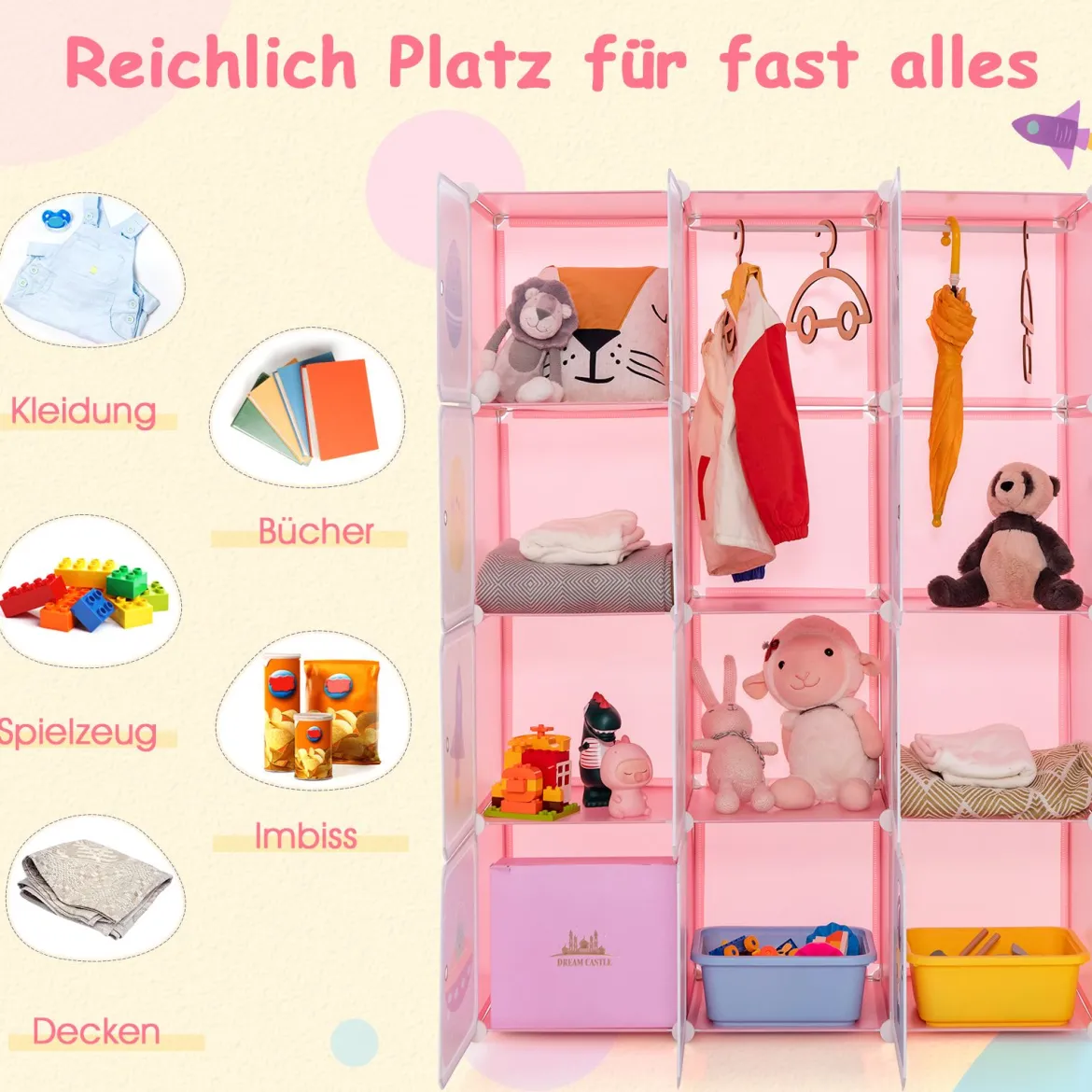 Kinder Kleiderschrank mit 2 Hängeabschnitten & 12 Würfeln Niedliche Cartoon-Kommode Rosa