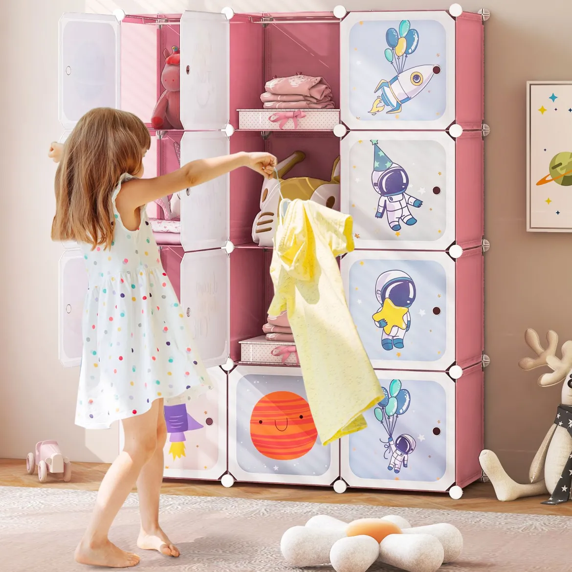 Kinder Kleiderschrank mit 2 Hängeabschnitten & 12 Würfeln Niedliche Cartoon-Kommode Rosa