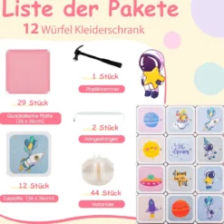 Kinder Kleiderschrank mit 2 Hängeabschnitten & 12 Würfeln Niedliche Cartoon-Kommode Rosa