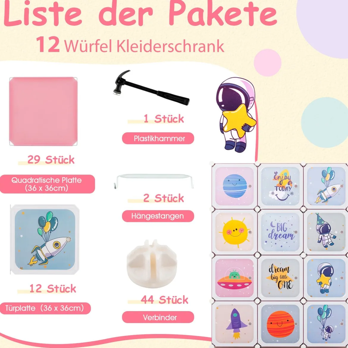 Kinder Kleiderschrank mit 2 Hängeabschnitten & 12 Würfeln Niedliche Cartoon-Kommode Rosa