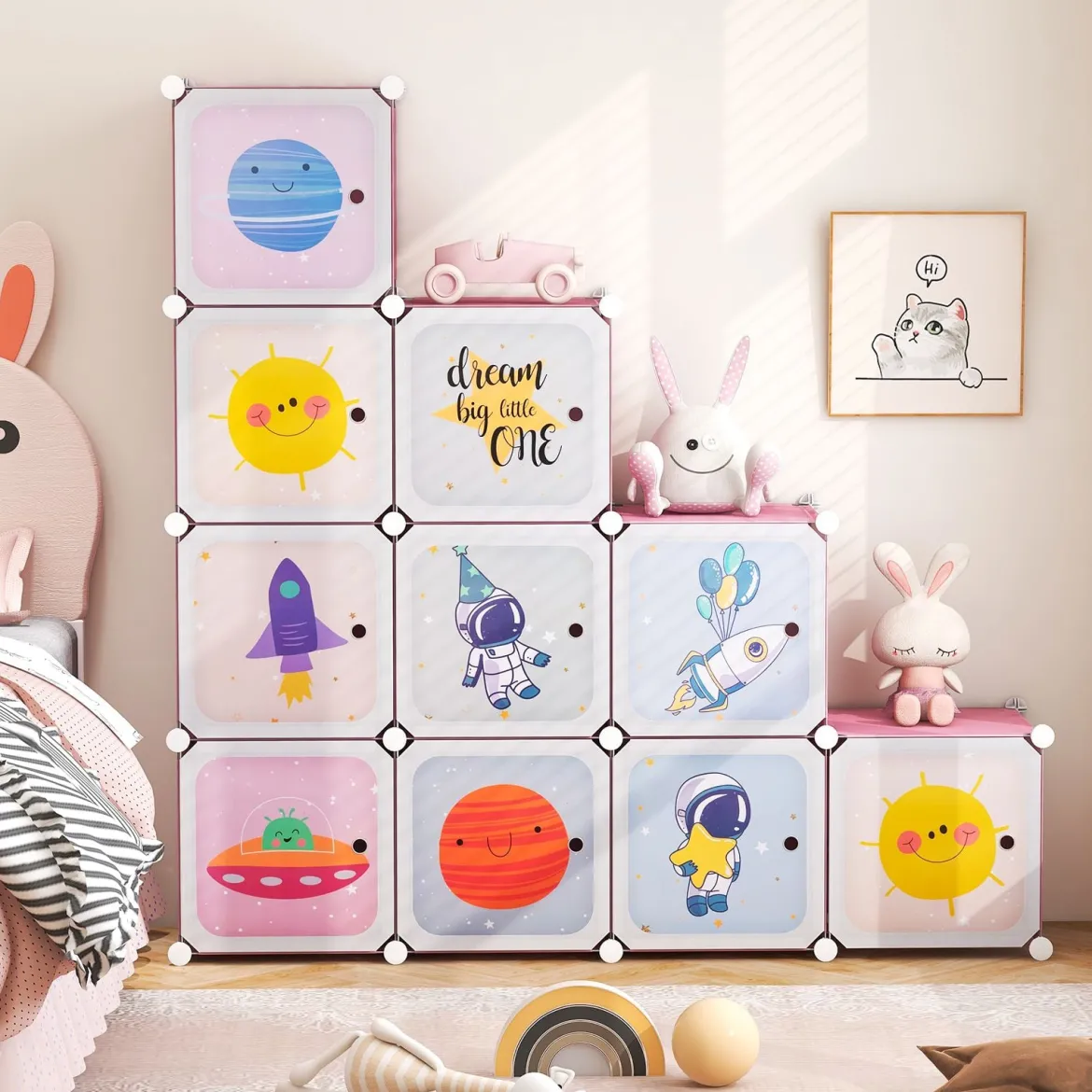 Kinder Kleiderschrank mit 2 Hängeabschnitten & 12 Würfeln Niedliche Cartoon-Kommode Rosa