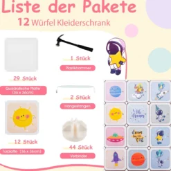 Kinder Kleiderschrank mit 2 Hängeabschnitten & 12 Würfeln Niedliche Cartoon-Kommode Weiß