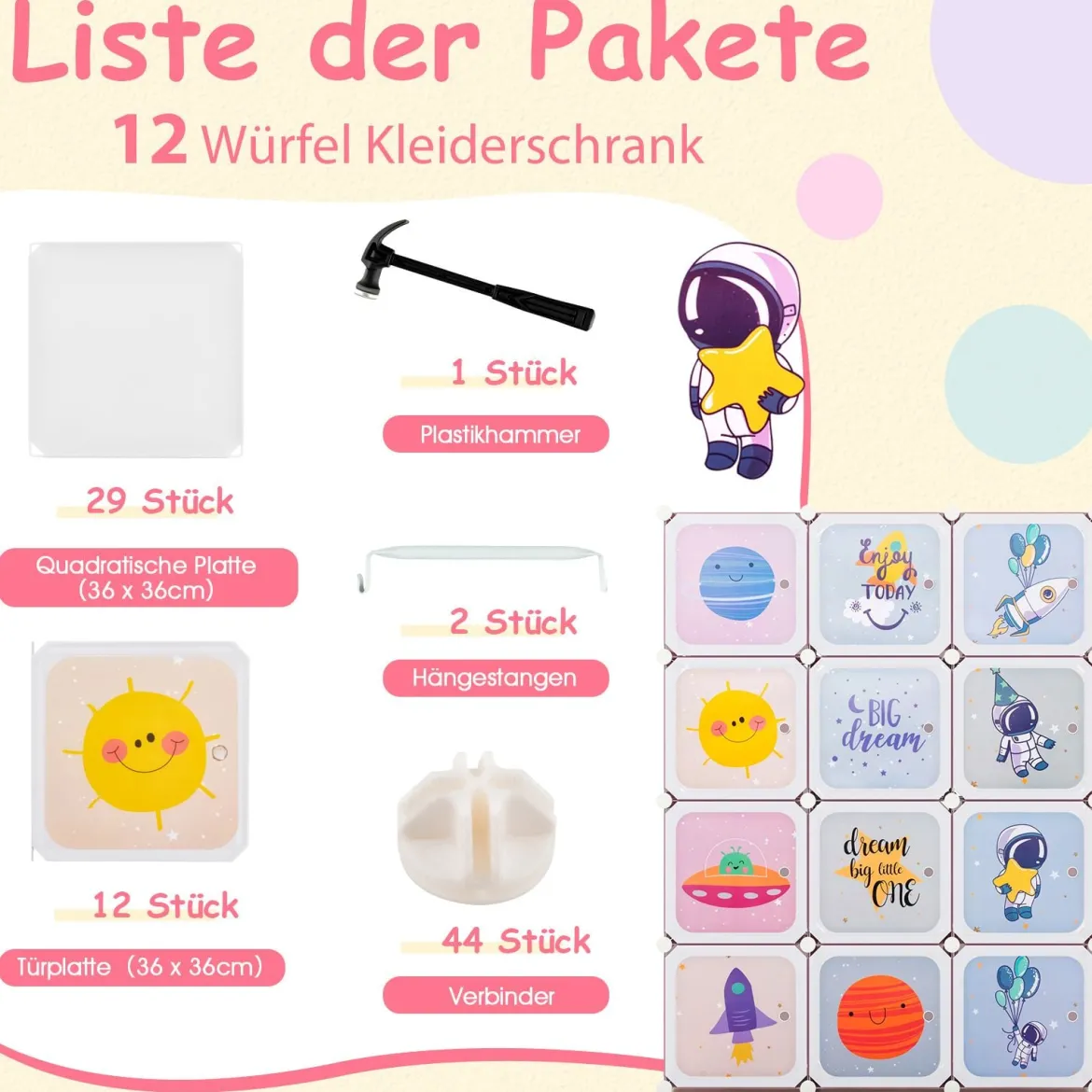 Kinder Kleiderschrank mit 2 Hängeabschnitten & 12 Würfeln Niedliche Cartoon-Kommode Weiß
