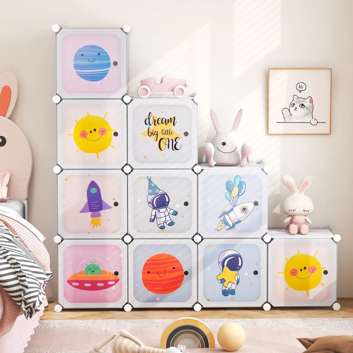 Kinder Kleiderschrank mit 2 Hängeabschnitten & 12 Würfeln Niedliche Cartoon-Kommode Weiß