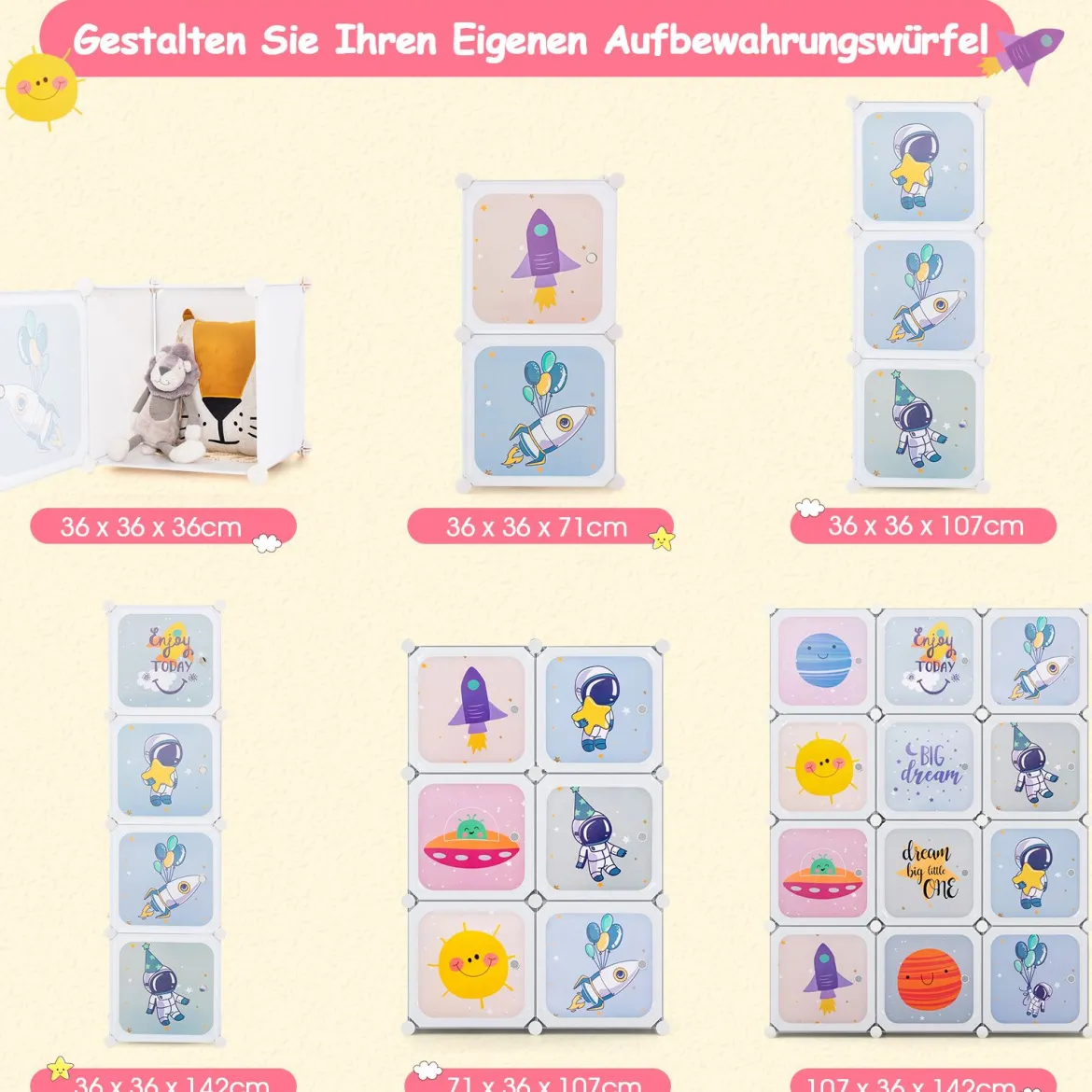 Kinder Kleiderschrank mit 2 Hängeabschnitten & 12 Würfeln Niedliche Cartoon-Kommode Weiß