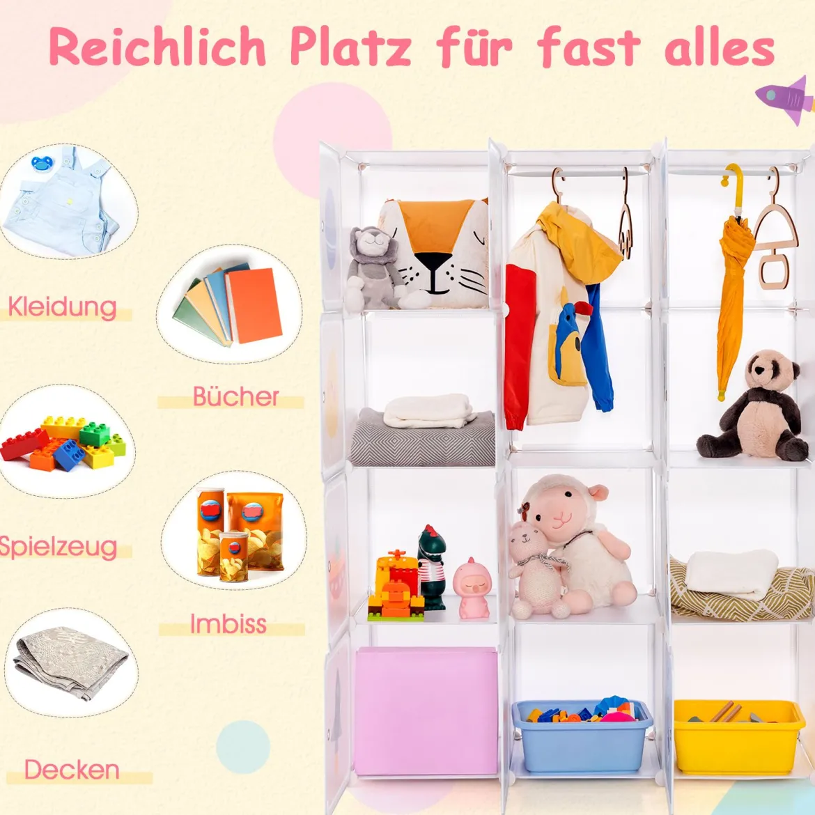 Kinder Kleiderschrank mit 2 Hängeabschnitten & 12 Würfeln Niedliche Cartoon-Kommode Weiß