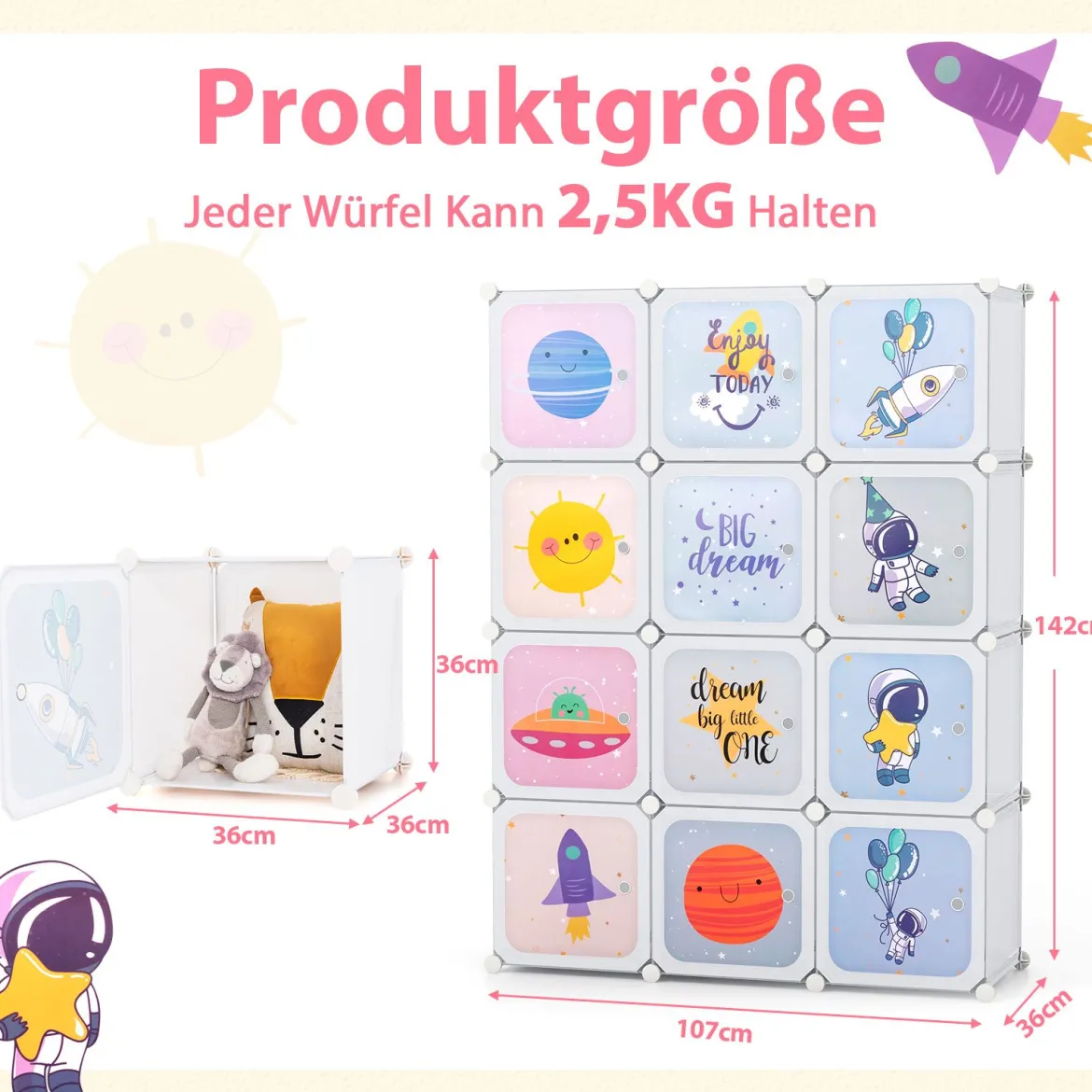 Kinder Kleiderschrank mit 2 Hängeabschnitten & 12 Würfeln Niedliche Cartoon-Kommode Weiß