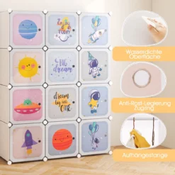 Kinder Kleiderschrank mit 2 Hängeabschnitten & 12 Würfeln Niedliche Cartoon-Kommode Weiß