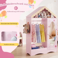 Kinderkleiderschrank mit Spiegel Dachförmiger Kleiderschrank mit offener Kleiderstange Rosa/Weiß