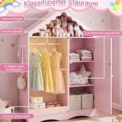 Kinderkleiderschrank mit Spiegel Dachförmiger Kleiderschrank mit offener Kleiderstange Rosa/Weiß