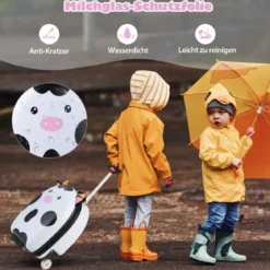 16" Kinderkoffer mit Plüschohren & 2 blinkenden Rädern & 2-stufigem Teleskopgriff Kuh