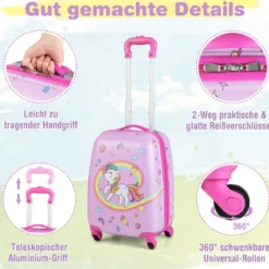 Kinderkoffer Rollender Hartschalen-Koffer 2-Teiliges Handgepäck-Set mit Spinner-Rädern Rosa